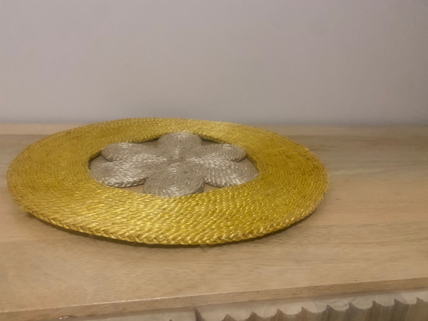 Handmade Yellow and Natural Flower jute placemat / centre mat 40 cm