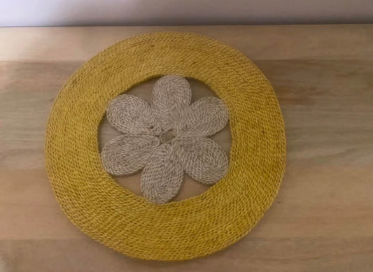 Handmade Yellow and Natural Flower jute placemat / centre mat 40 cm