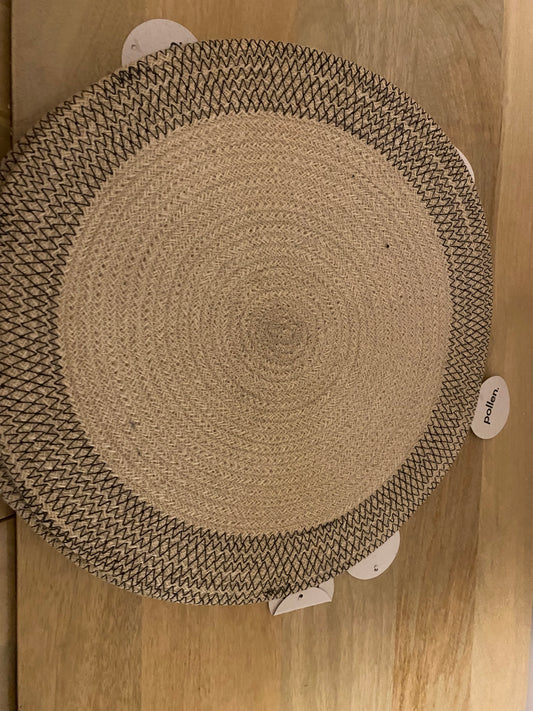Set of 6 large jute placemats with black stitch edging / 38 cm