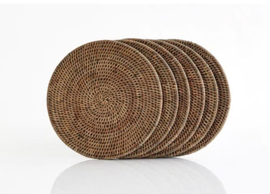 Set of 6 Brown rattan round place mats - 28 cm diameter