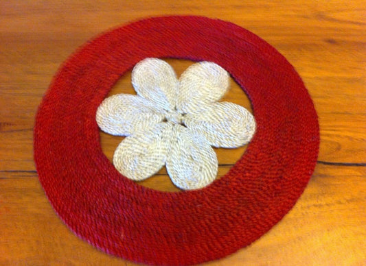 Hamdmade Red and Natural flower Jute Placemats/ centre mat 40 cm dia