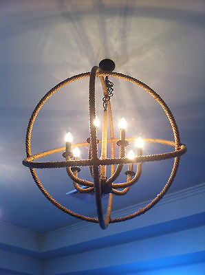 VINTAGE STYLE HUGE IRON AND JUTE 7 LIGHT PENDANT -