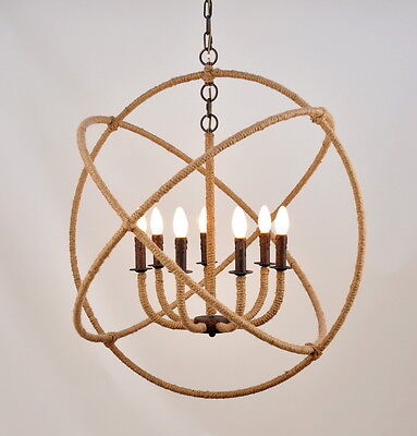 VINTAGE STYLE HUGE IRON AND JUTE 7 LIGHT PENDANT -