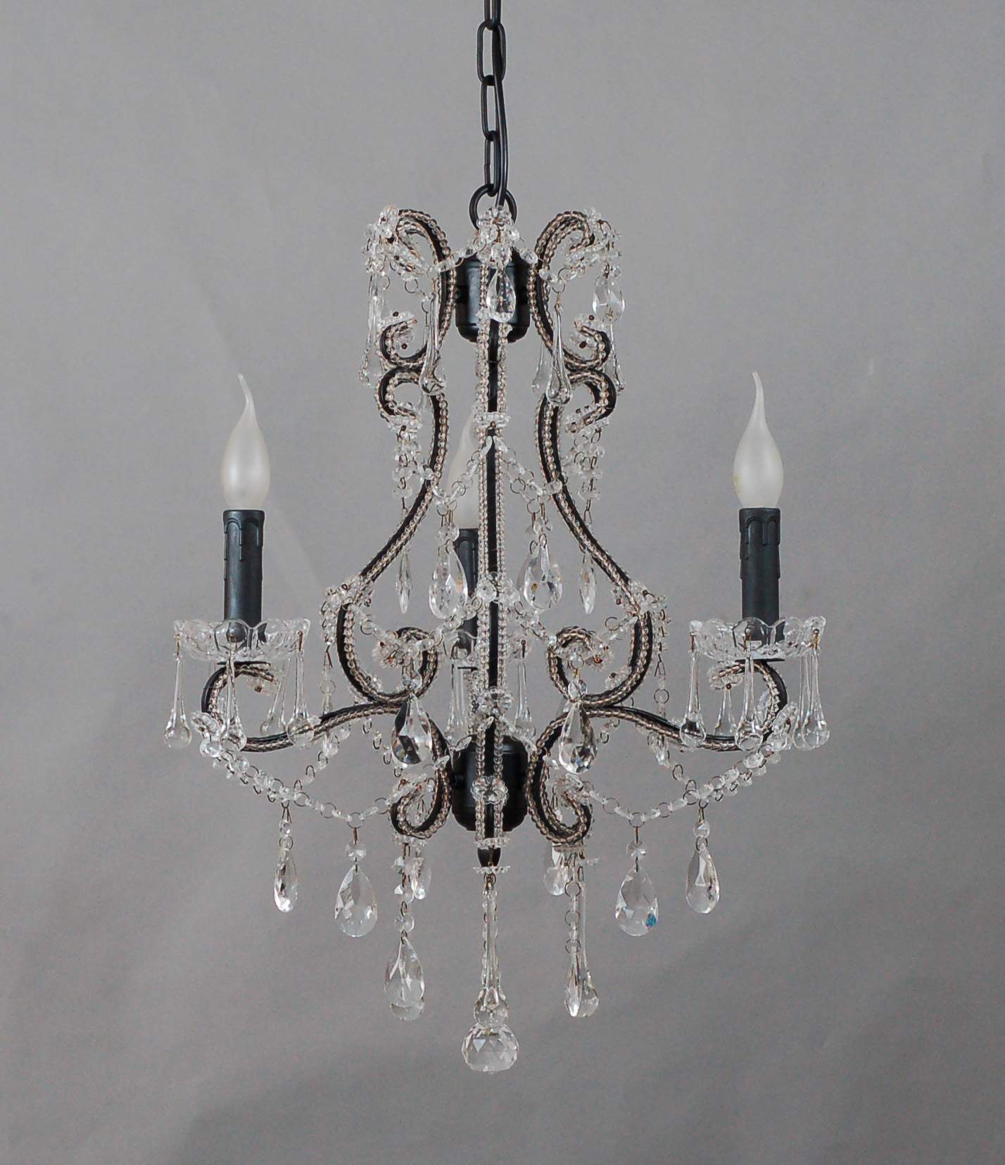 ISABELLA BLACK IRON 3 ARM CHANDELIER WITH GENUINE GLASS CRYSTALS RRP$359.00