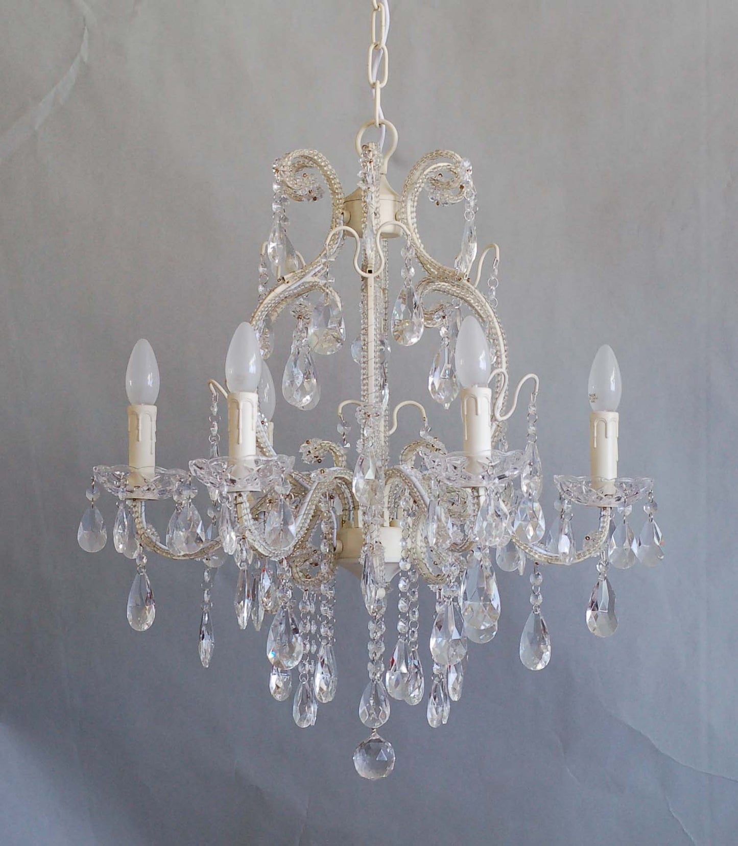 STUNNING 6 ARM CREAM IRON CHANDELIER WITH GENUINE CLEAR GLASS CRYSTALS