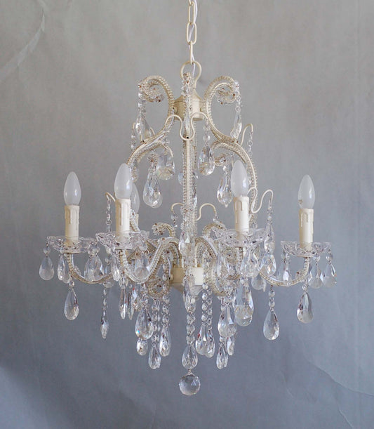 STUNNING 6 ARM CREAM IRON CHANDELIER WITH GENUINE CLEAR GLASS CRYSTALS