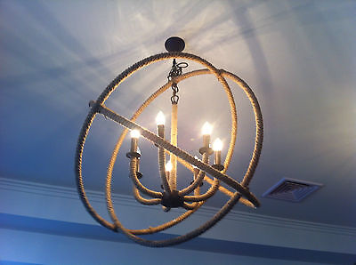 VINTAGE STYLE HUGE IRON AND JUTE 7 LIGHT PENDANT -